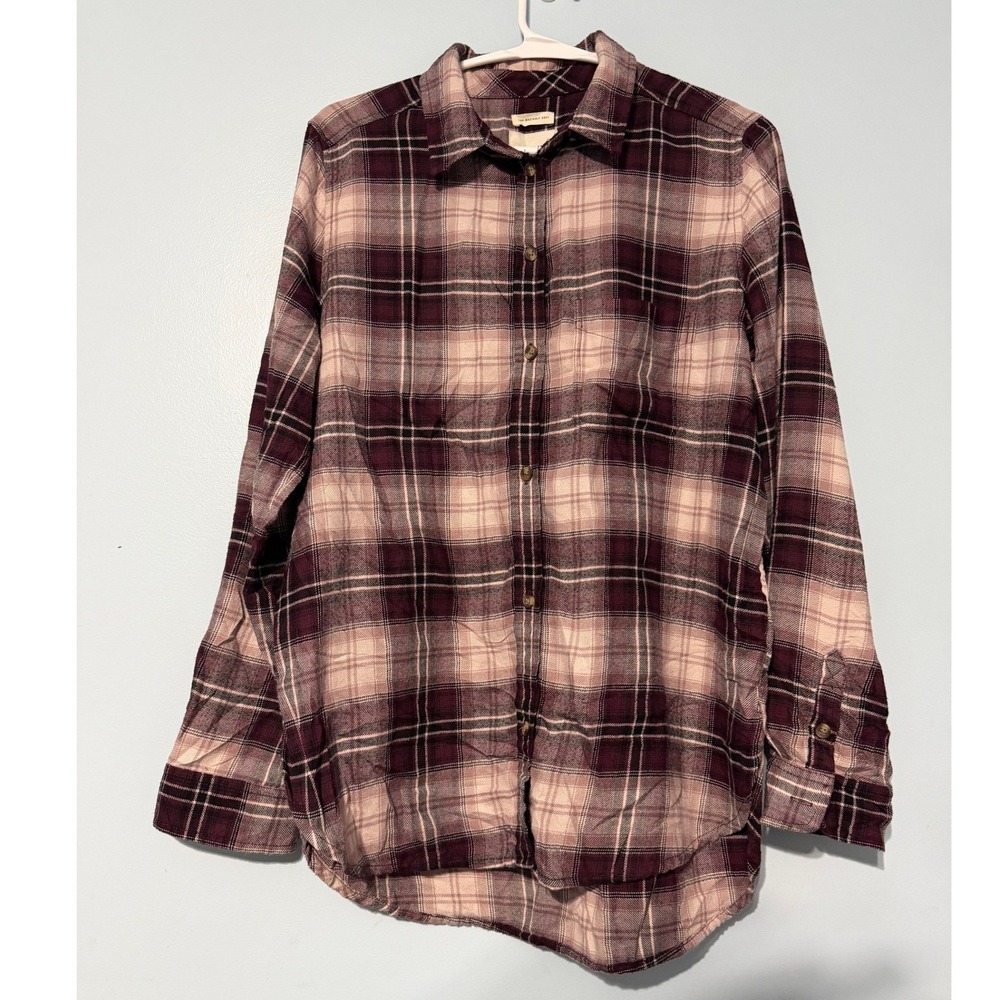 American‎ Eagle Women's M Boyfriend Fit Plaid Flannel Shirt Burgundy Cream 0996